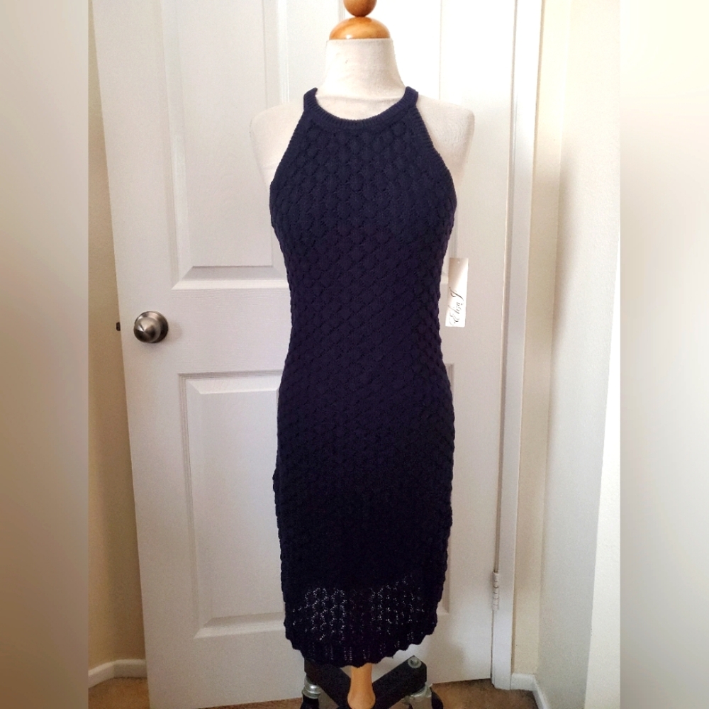 Designer Eliza J Navy Blue Knit Bodycon Midi Cocktail Dress Women's Size Small